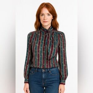 Vtg 70s stripes n paisleys unique neck tie blouse